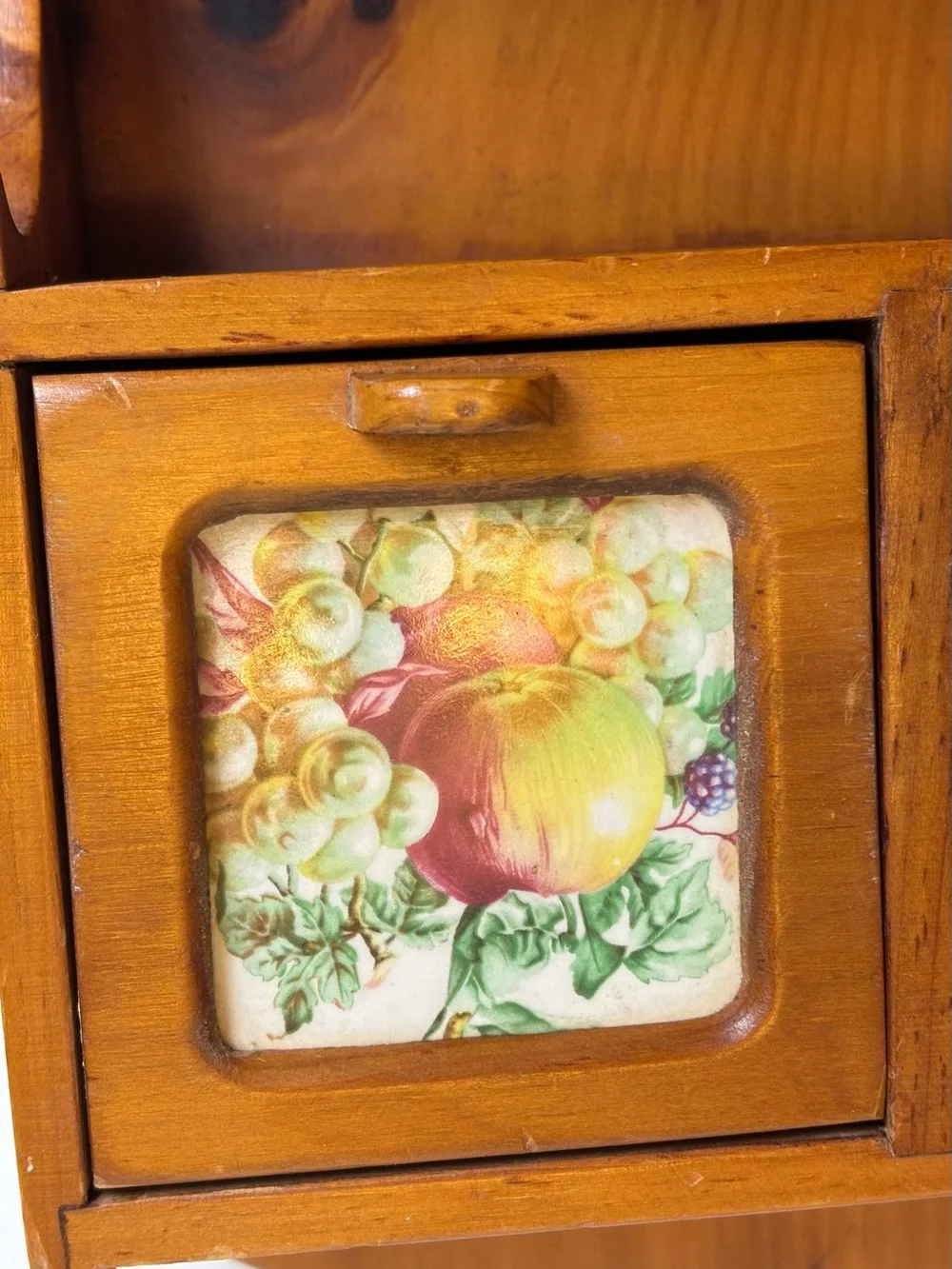 Vintage Wooden Spice Box/Apacathary-Inlay Fruit Tile Drawers-Wall Decor Storage
